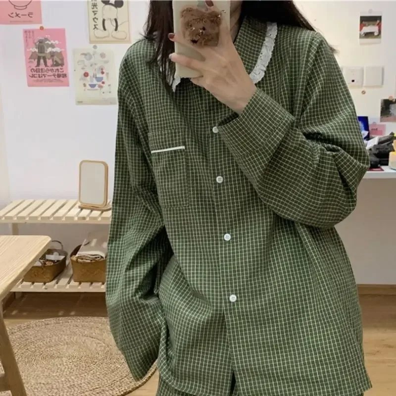 Plaid Casual Pajama Sets Women Single Breasted Ins Japan Turn-down Collar Nightwear Spring Fall Elastic Waist Homewear Mujer women pajamas set women pajama suit