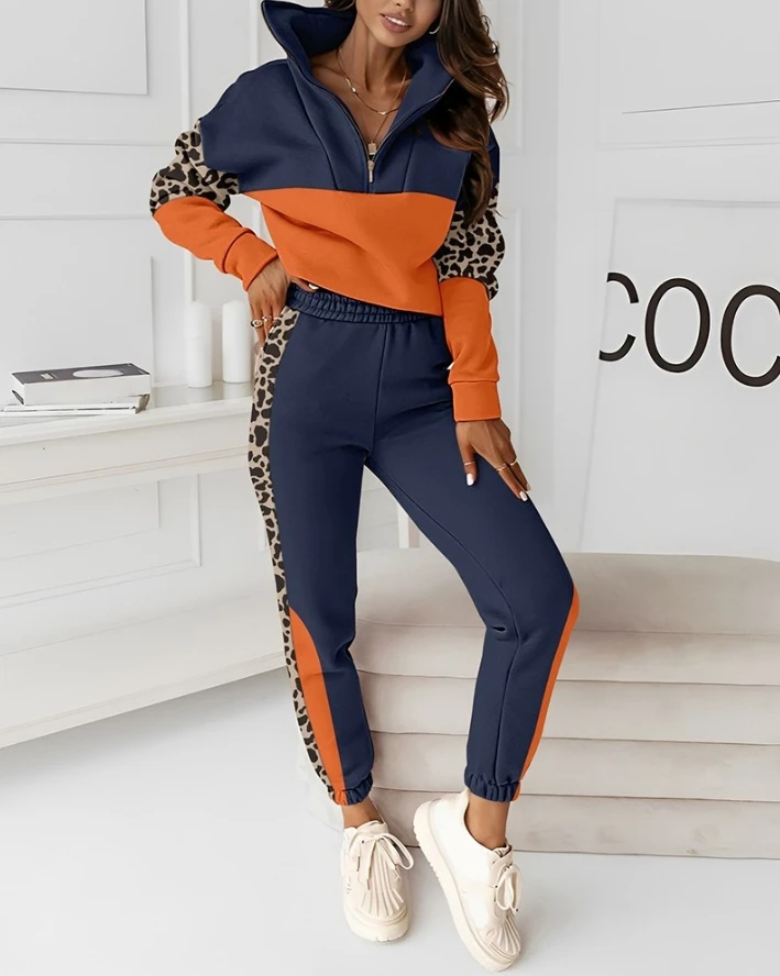 casual Two Piece Sets Outfit Tracksuit 2024 autumn Colorblock Leopard Print patch  Zipper Design Sweatshirt & Sweatpants Set mens zaful men s colorblock oakland embroidered button design fuzzy polar fleece pullover sweatshirt s sky blue