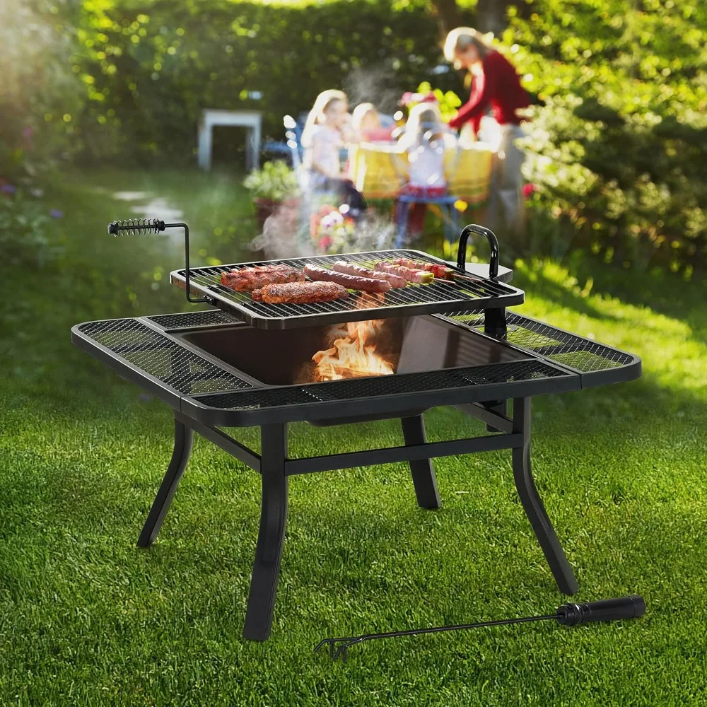 Description Picture 2 of item38 in. Fire Pit for Outside, Square Wood Burning Firepit Large Steel Fire Pits with Adjustable Cooking Swivel BBQ Grill a