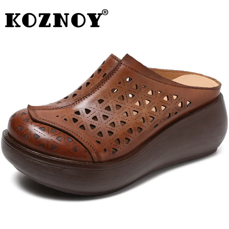 

Koznoy 6cm Slippers Women New In Shoes Genuine Leather Designer Lady Comfy Fashion Summer Platform Wedge Slip on Hollow Females