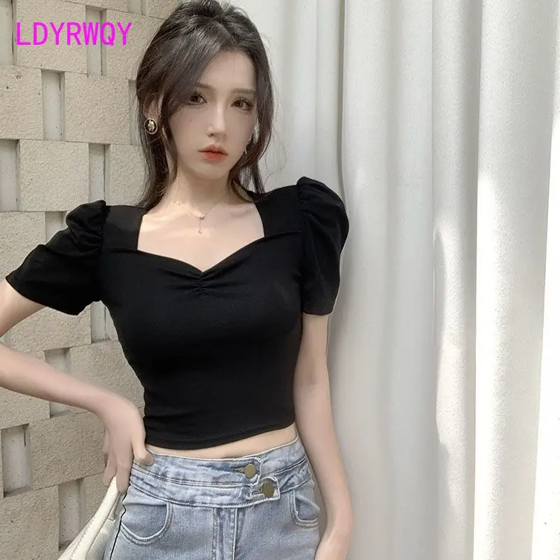 White square neck bubble sleeved short sleeved T-shirt Women's summer slim fitting T-shirt short top