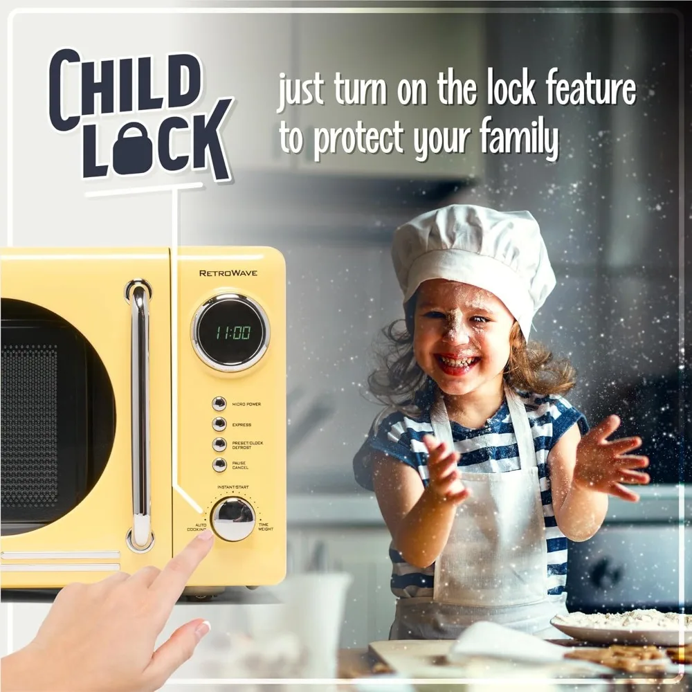 Retro Compact Countertop Microwave Oven, 0.7 Cu. Ft. 700-Watts with LED Digital Display, Child Lock, Easy Clean Interior, Yellow 4