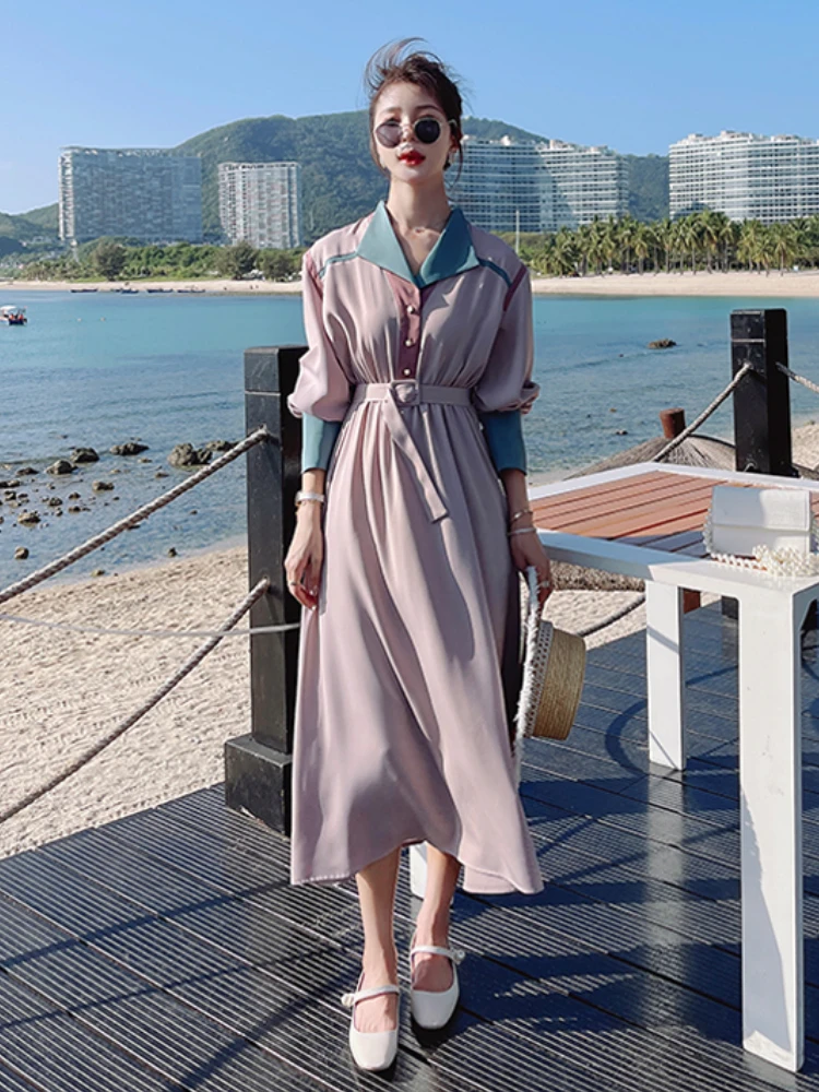 French Style Elegant Shirt Dress for Women 2022 Spring Autumn Long Sleeve  Belt Slim Casual Contrast Color Long Dresses Lady 6906