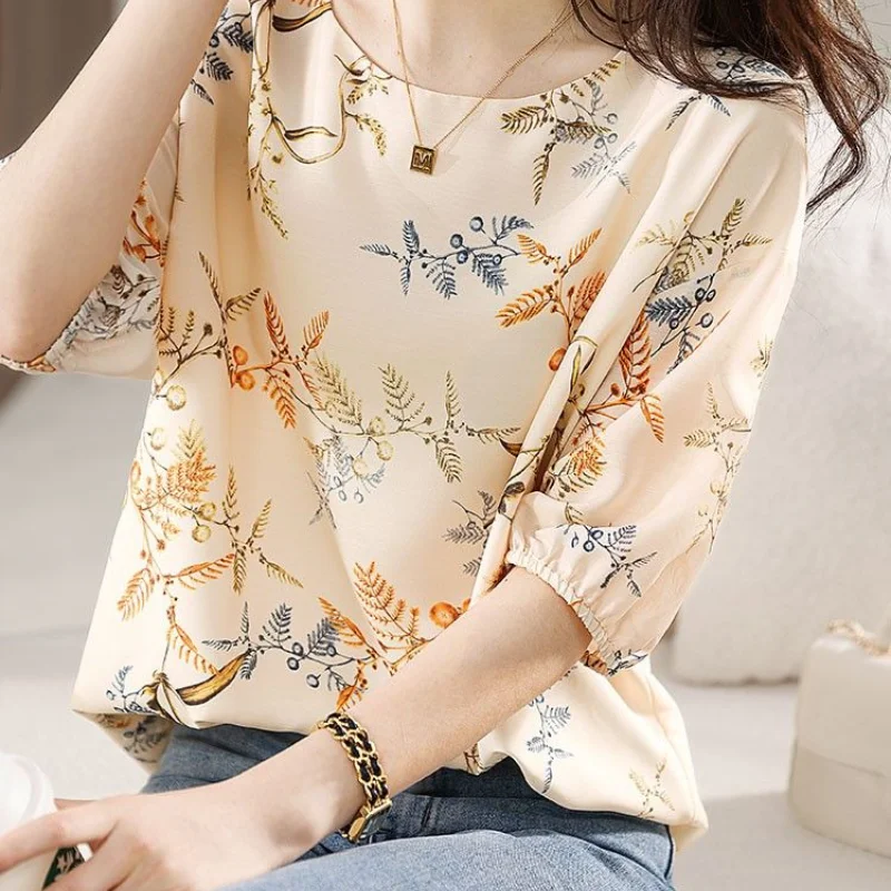 Vintage Fashion Printing Summer Blouse Women Classic Short Sleeve O-collar Temperament Chiffon All-match Pullover Lady Shirt