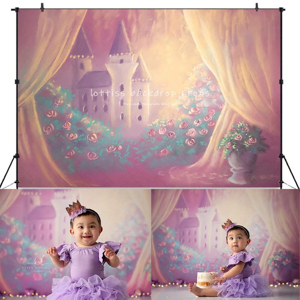 

Фон с изображением розового замка для детской фотосъемки, торта на день рождения, реквизит для фотосъемки в саду, весенний цветочный фон