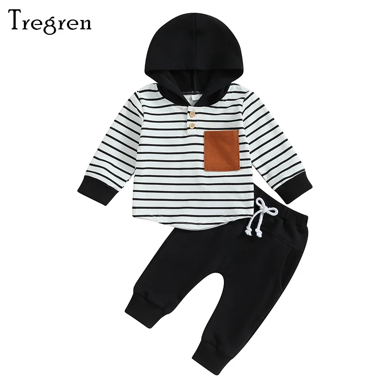 

Tregren 0-3Y Infant Baby Boy Fall Tracksuit Striped Print Long Sleeve Hoodie Sweatshirt Elastic Pants Toddler 2pcs Clothes Sets