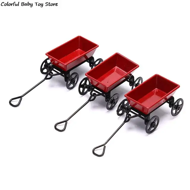 1:12 Mini Cute Dollhouse Miniature Metal Red Small Pulling Cart Garden Furniture Accessorie Home Decor Gift Toy Gifts Ornament 2