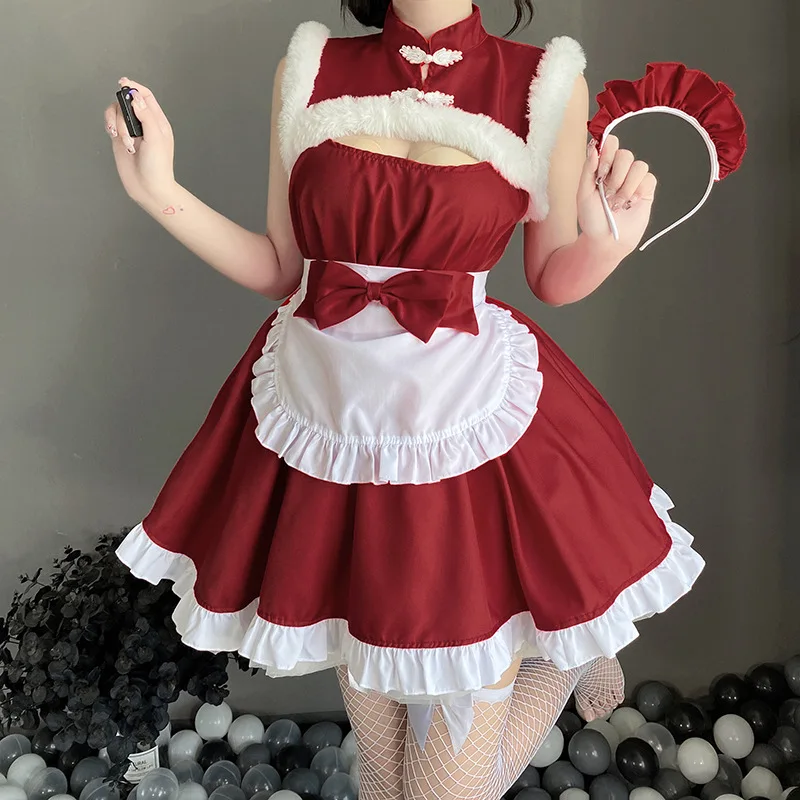 

Women Santa Claus Cosplay Costume Cute Sexy Maid Uniform Fur Dress Headwear 2023 New Year Christmas Carnival Party Red Bow Dress