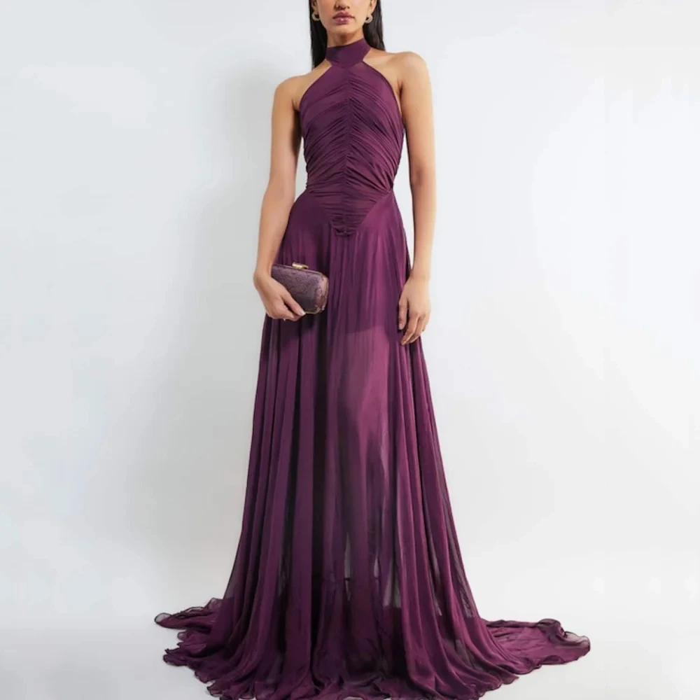 Retro Simple Classic Chiffon Pleat Ruched A-line Halter Cocktail Dresses Exquisite Intricate Formal