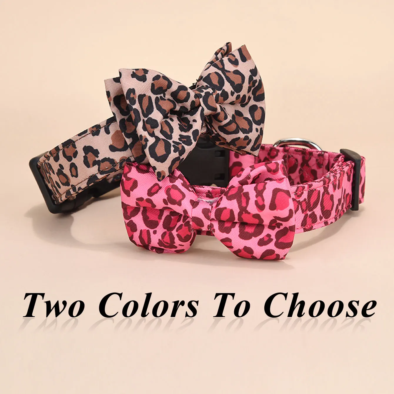 CP571-Leopard print twill fabric pet dog collar with small black bell and removable bow tie