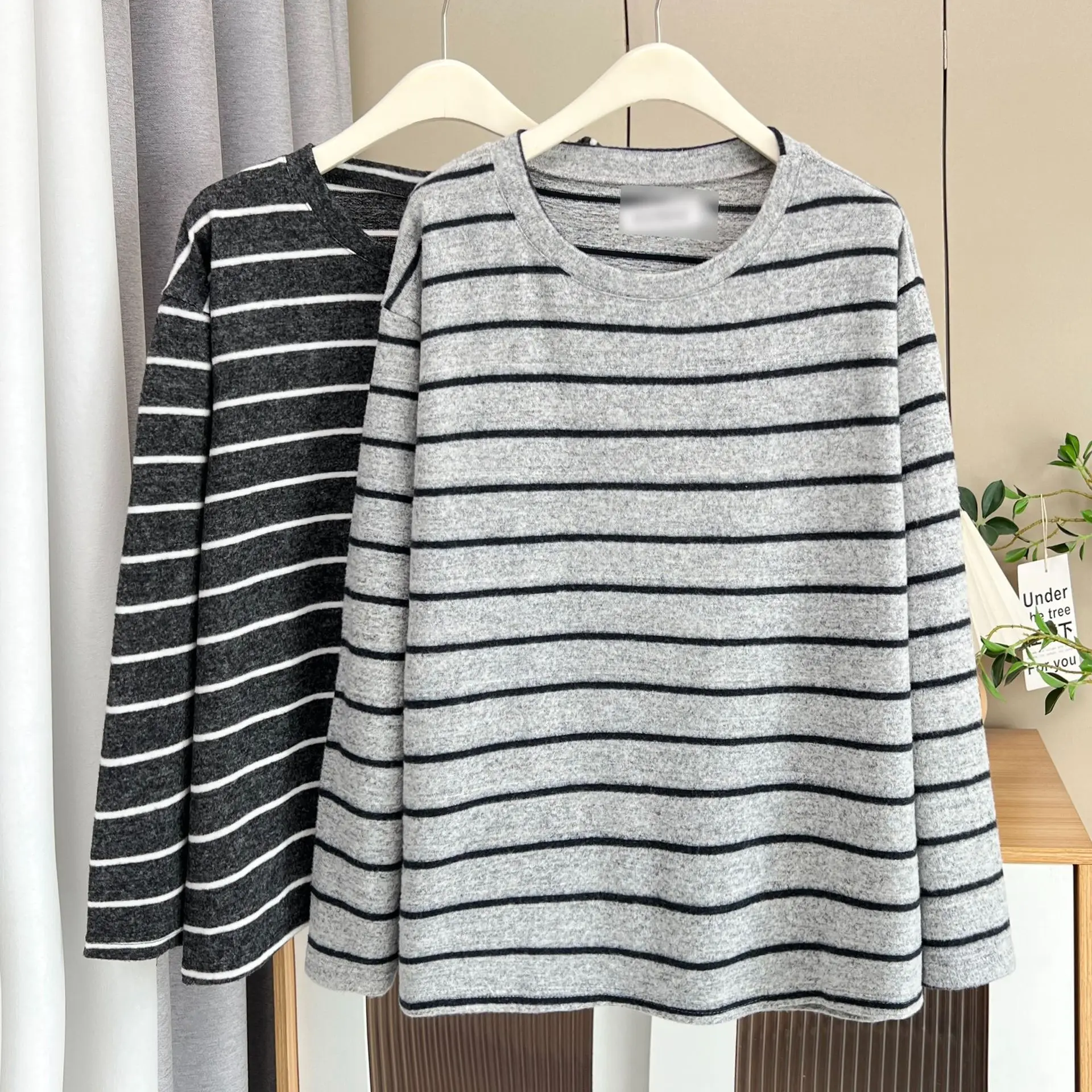 Fashion Plus Size Women's T-Shirt Autumn New Simple Brushed Striped Long Sleeve Tops 1709