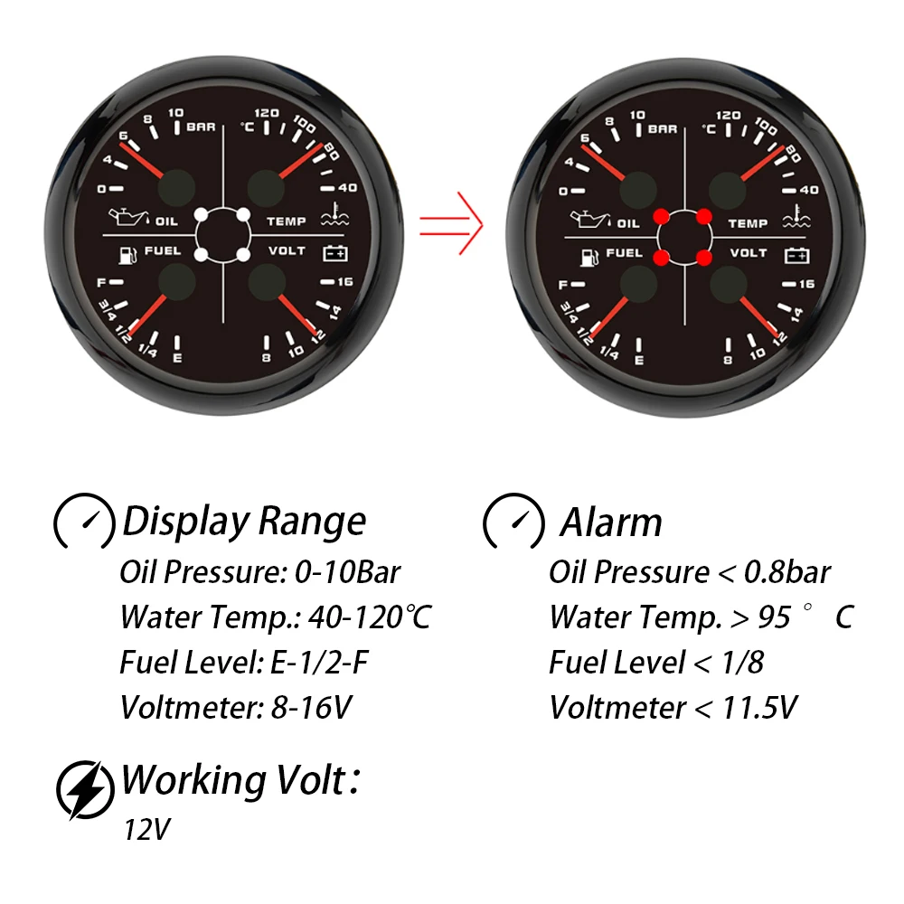 ELING 85mm 4IN1 다기능 게이지 연료 레벨 오일 압력 수온 전압계 12V 방수 레이싱 선박 요트용