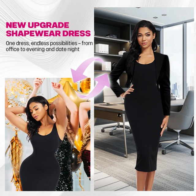 Women Built in Shapewear Maxi Dress Body Shaper Under Dress One Piece Tummy Control Knee Length Skirt Dresses Shapewear 6