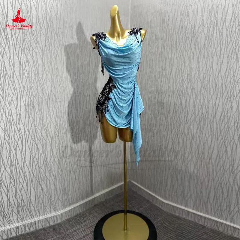 

Latin Dance Competition Dress for Women Rumba Chacha Rumba Pleated Performance Dress Customsized Children Latin Black Pool Skirt