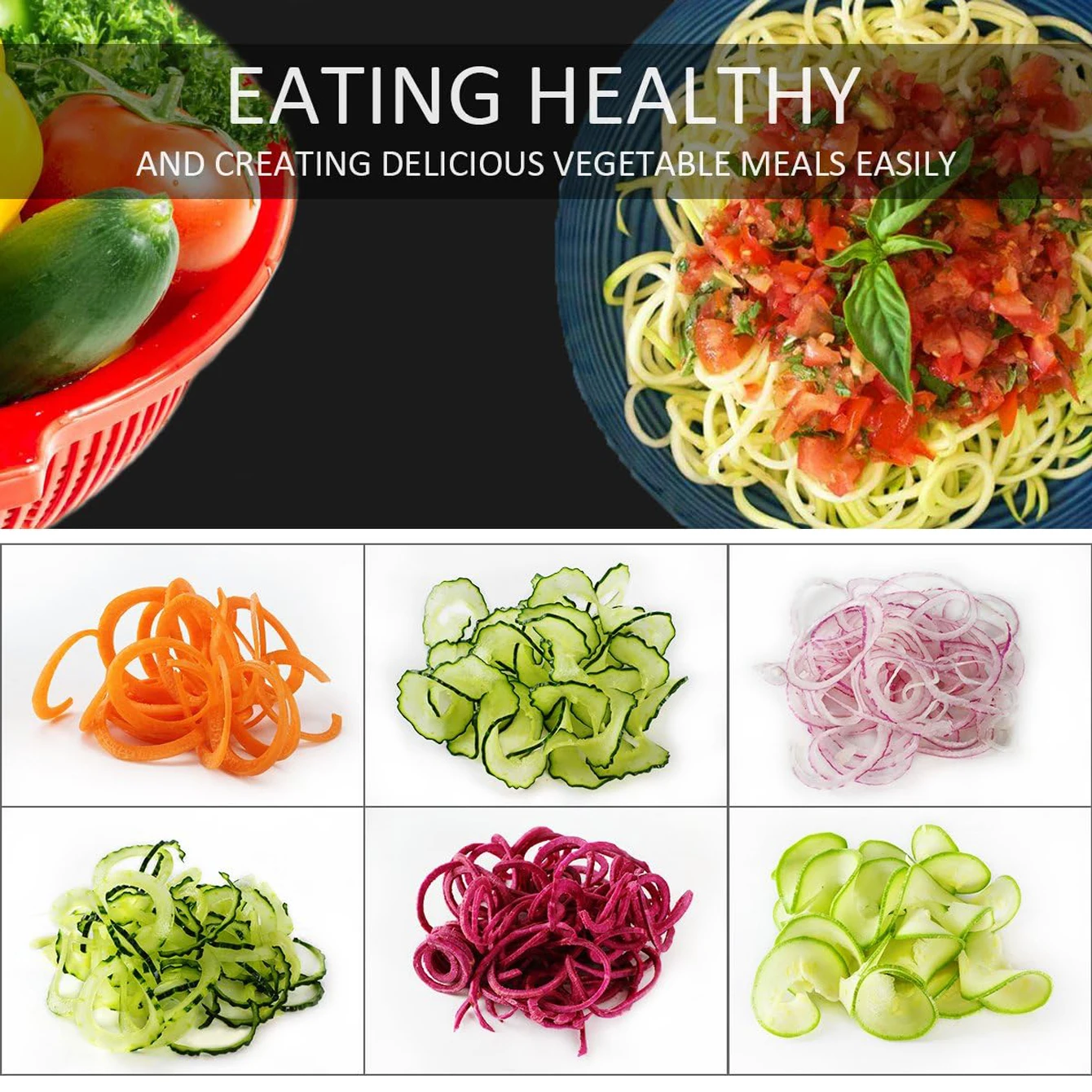 Spiralizer Vegetable Slicer 4 in 1 Rotating Blades Heavy Duty Veggie Spiralizer with Strong Suction Cup, Zucchini Spiral Noodle