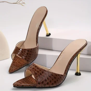 Glamour sandali con tacco alto con texture coccodrillo - Eleganti tacchi a spillo slip-on con punta aperta a punta per banchetti di feste alla moda 1