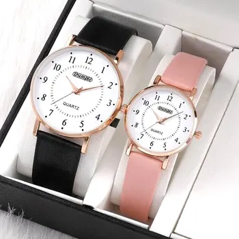 2PCS New Fashion Simple Lovers Set Watches Luxury Men Women Leather Quartz Watch for Rose Gold Business Casual Wristwatch 1