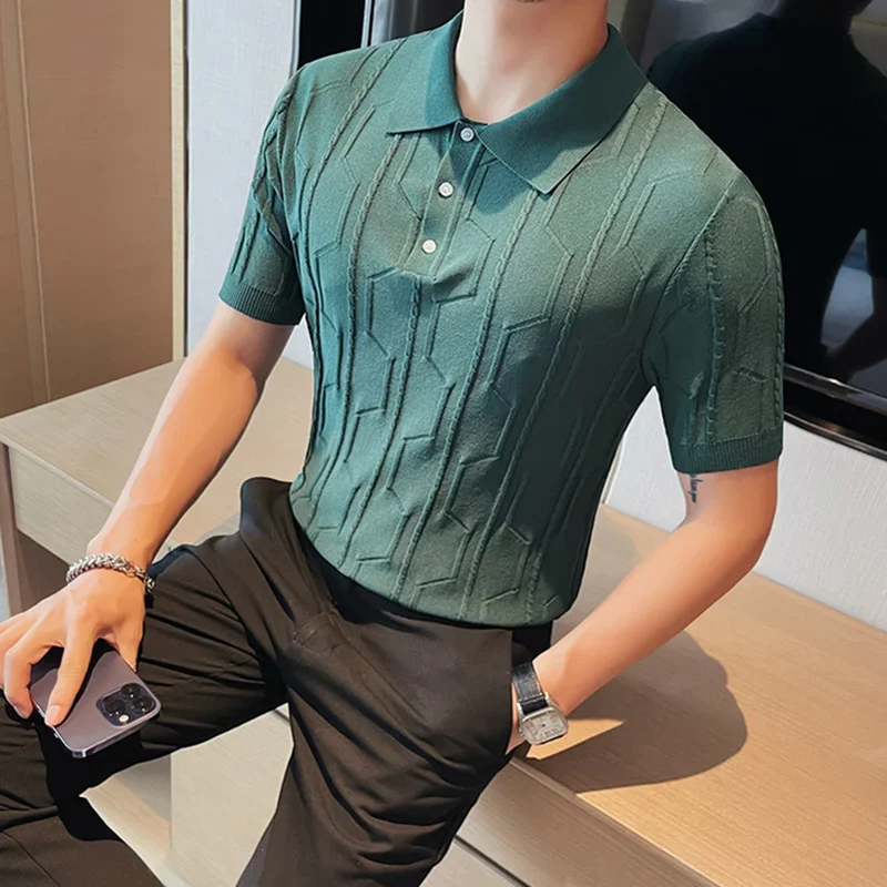 

Short-sleeved Polo Shirt Men's Summer Knitted Solid Color Trend Lapel Half Sleeve Slim Fashion Classic T-shirt Slim New Style