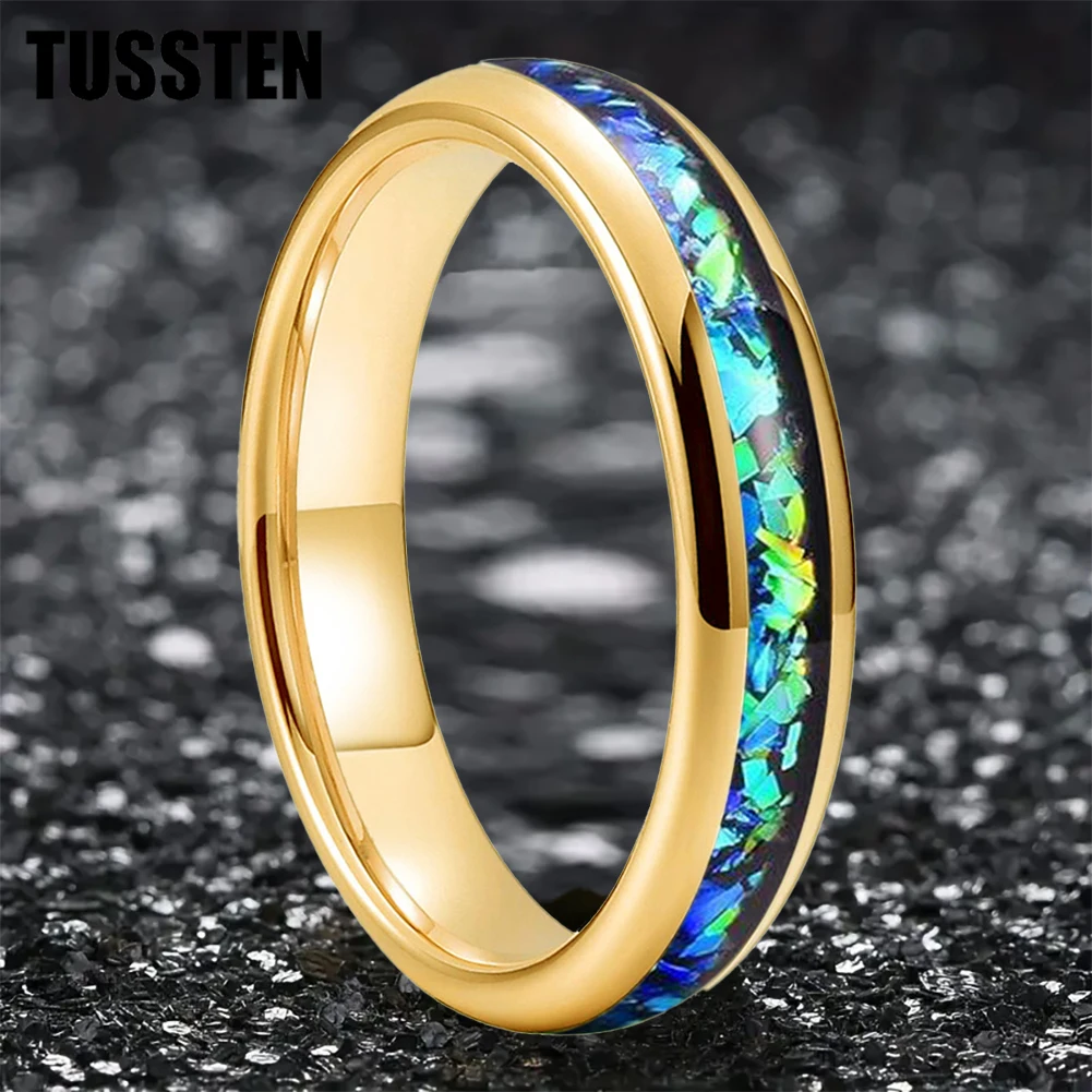 TUSSTEN Men's and Women's 4mm Tungsten Carbide Wedding Ring Shining Blue Green Fragments Engagement Band Domed Polished Shiny