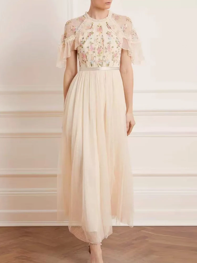 

Luxury Women's New Autumn Winter High Quality Fashion Party Pink Mesh Embroidered Elegant Casual Gorgeous Sweet Chic Long Dress