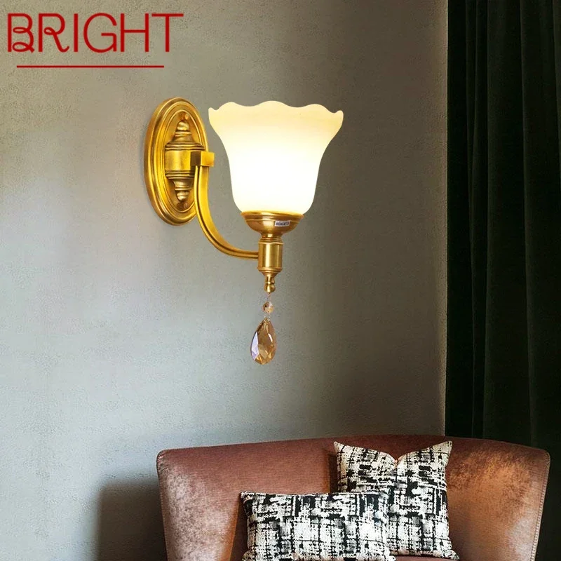 

BRIGHT American Brass Wall Lamp Indoor Living Room Bedroom Bedside Lamp Retro Hotel Corridor Hallway Wall Lamp
