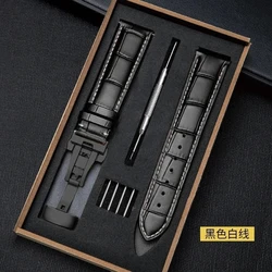 Elegant Leather Watchband with Metal Butterfly Clasp and Gift Box - 18mm (Black white - black)