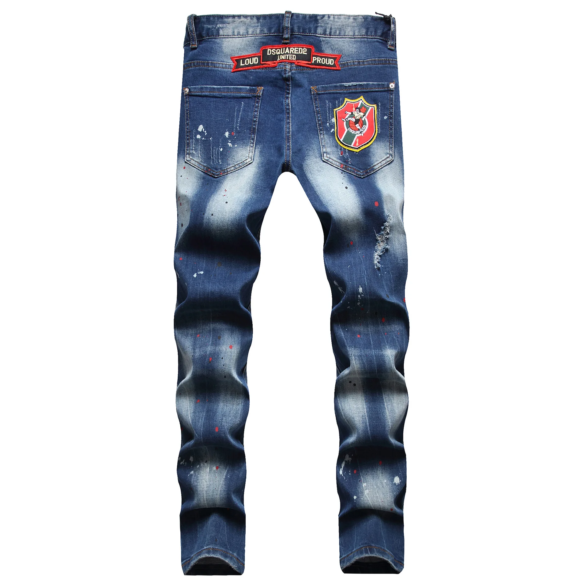 New raggedy splashy men's slim-fit ripped multi-badge stretch jeans skinny beggar chic pants