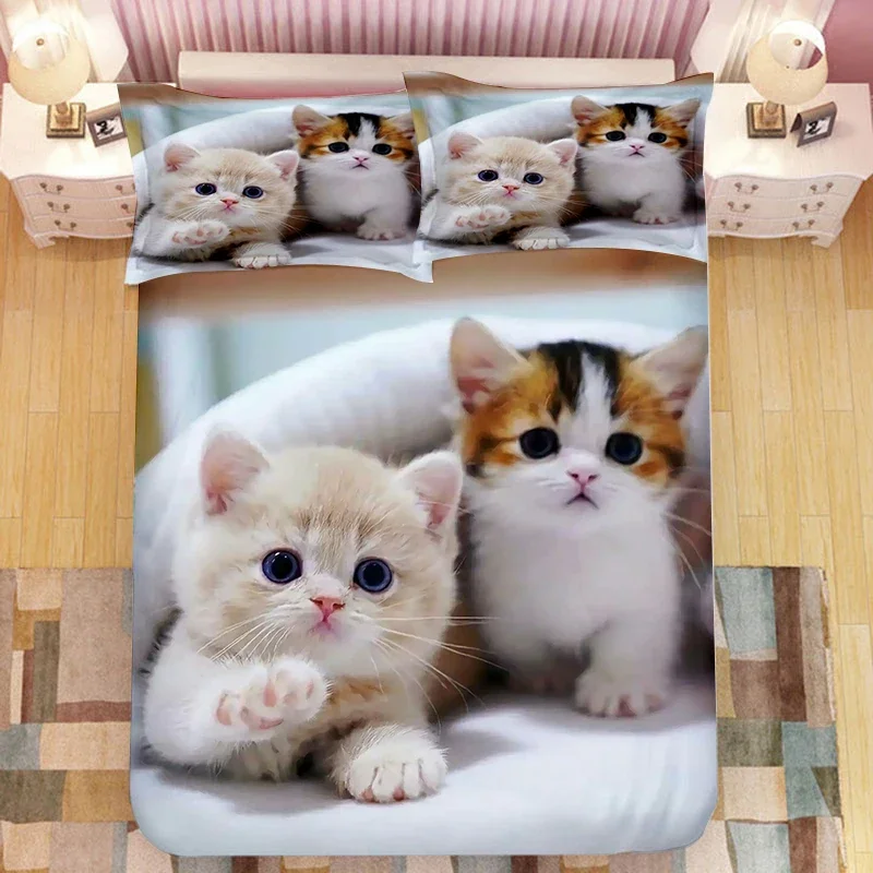 Super bonito gatinho crianças conjunto de cama kawaii menina colcha enseada rei rainha tamanho bonito gato animal 3 pçs poliéster capa edredão (sem folha)