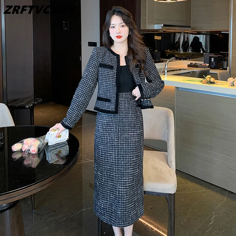 

Fashion Classic Lattice 2 Piece Set Women Outfits Short Jacket Coat+High Waist Long Skirt Suit Small Fragrance Two Piece Outfits