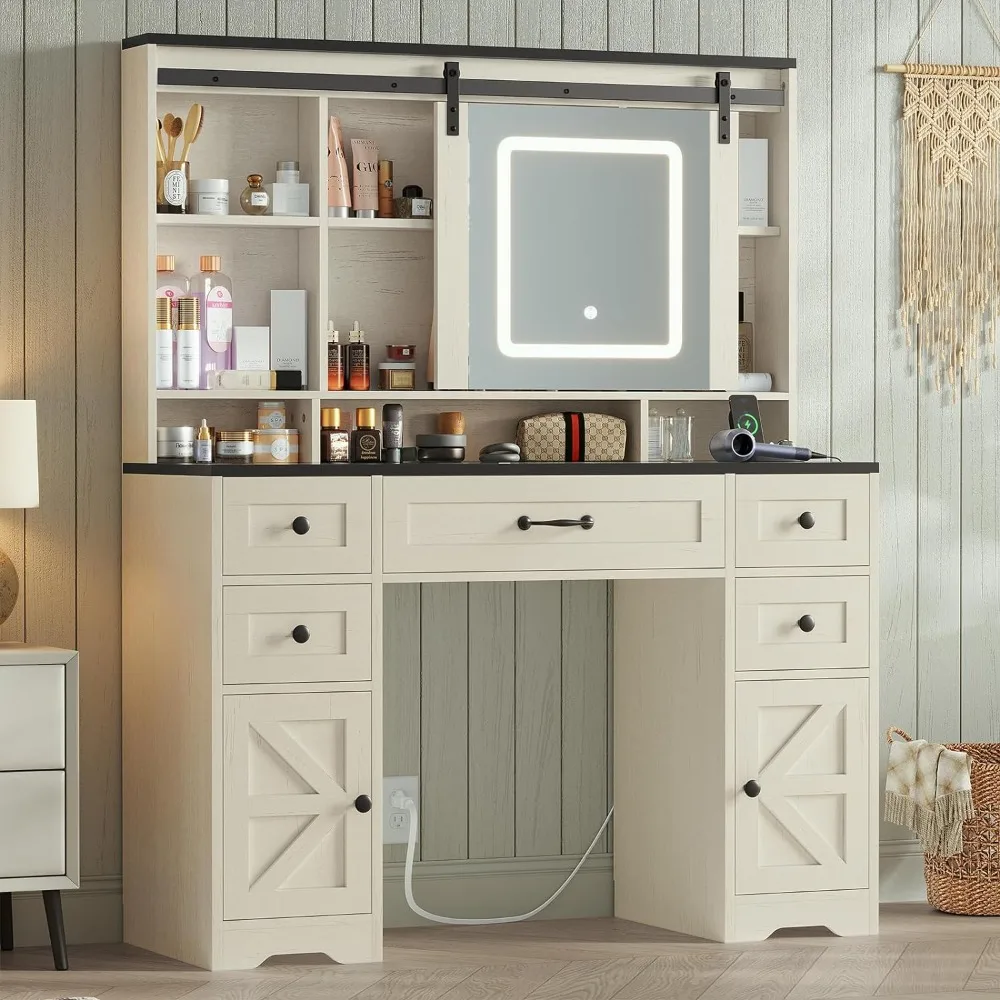 

HAUOMS Farmhouse Makeup Vanity Desk with Sliding Lighted Mirror, Glass Top Vanity Desk with Power Outlet, Rustic Vanity Set