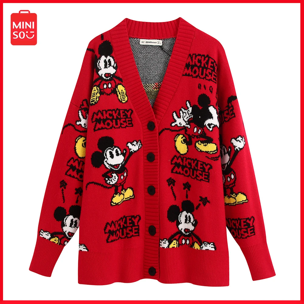 

Mickey Mouse Knit Cardigan Cute Sweater 2024 New Tops Spring Casual Pullover Miniso Women's Clothing Peplum Long Sleeve Gifts