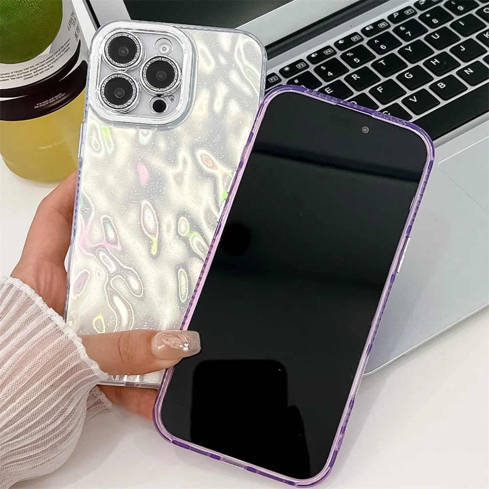 Custodia per telefono con glitter plissettato e increspature dell'acqua abbaglianti per iPhone 16 15 14 13 Pro Max, protezione per obiettivo lucido, antiurto, con retro glitterato_voghion.com