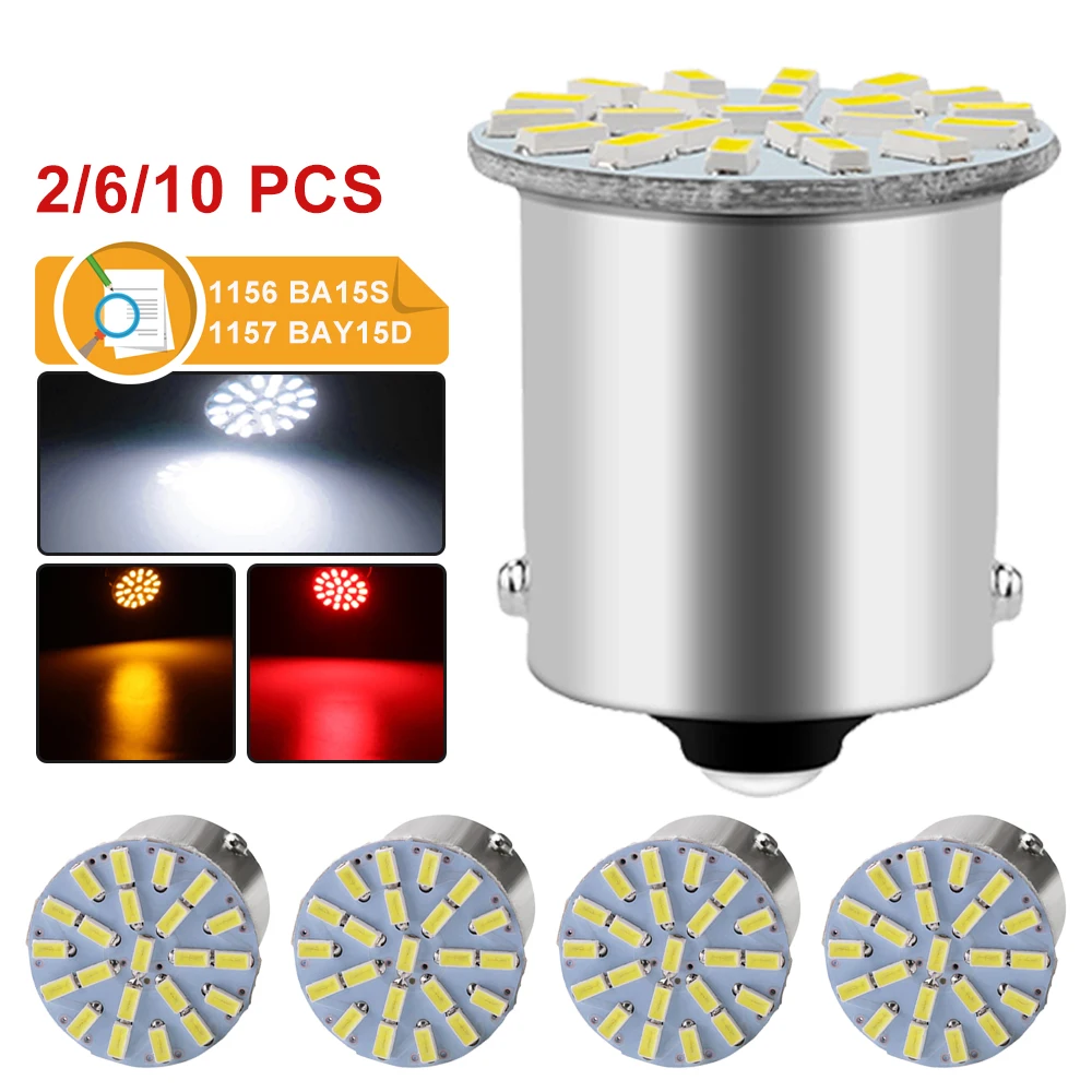 

2/6/10 шт., лампы для указателей поворота, 1156 BA15S 1157 BAY15D светодиодный, 12 В 3014-22SMD 7000K
