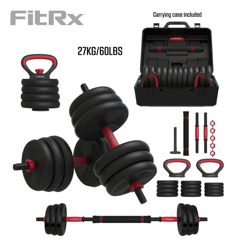 

Smart Gym, 60lb 4-in-1 Adjustable Interchangeable Dumbbell, Barbell, and Kettlebell Set,
