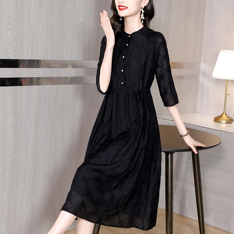 

Dress Silk Half-Sleeve Women's Clothing Autumn New Western Fashion Hepburn Style Waist And Thin Black Long Skirt Dress