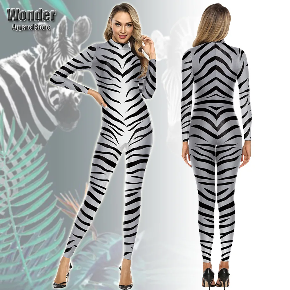 

3D Print Animal Zebra Pattern Zentai Jumpsuit Outfit for Adults Halloween Cosplay Costume Party Role Play Dress Up Bodysuit