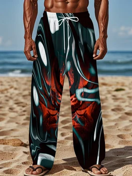 2026 Men's Printed Straight Leg Pants Vibrant Abstract Design Drawstring Waist Loose Fit Summer Beach Casual Fashion Pants