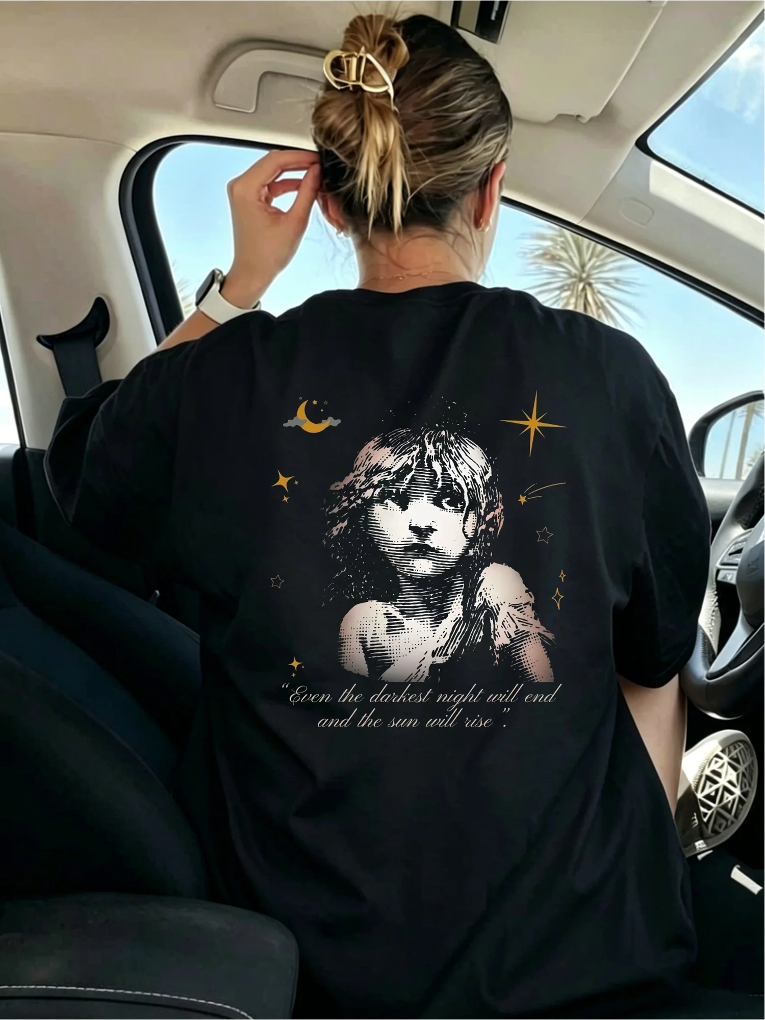 Women Back Print T-Shirt with Stars Moon Even The Darkest Night Will End Quote Short Sleeve Crew Neck Casual Blouse Top Suitable for Spring Summer Casual Attire Machine Washable Non Shirt