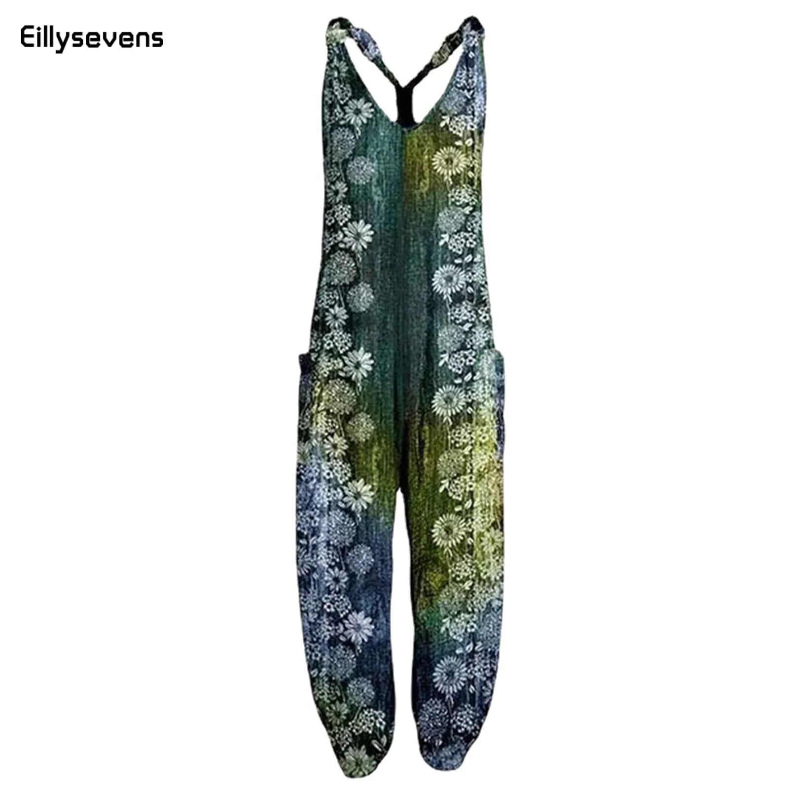 

Женский комбинезон с широкими штанинами, повседневный Свободный комбинезон с цветочным принтом и большими карманами, лето 2024