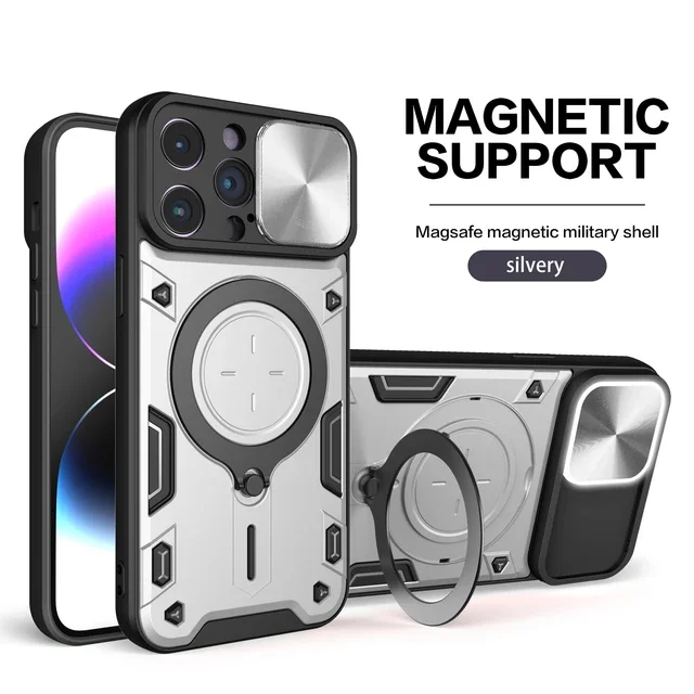 Hülle für iPhone 16 15 14 13 12 11 Pro Max Plus 8 7 Plus Magnetische drehbare Schiebekamera 360 Grad drehbare Kickstand Hülle_voghion.com