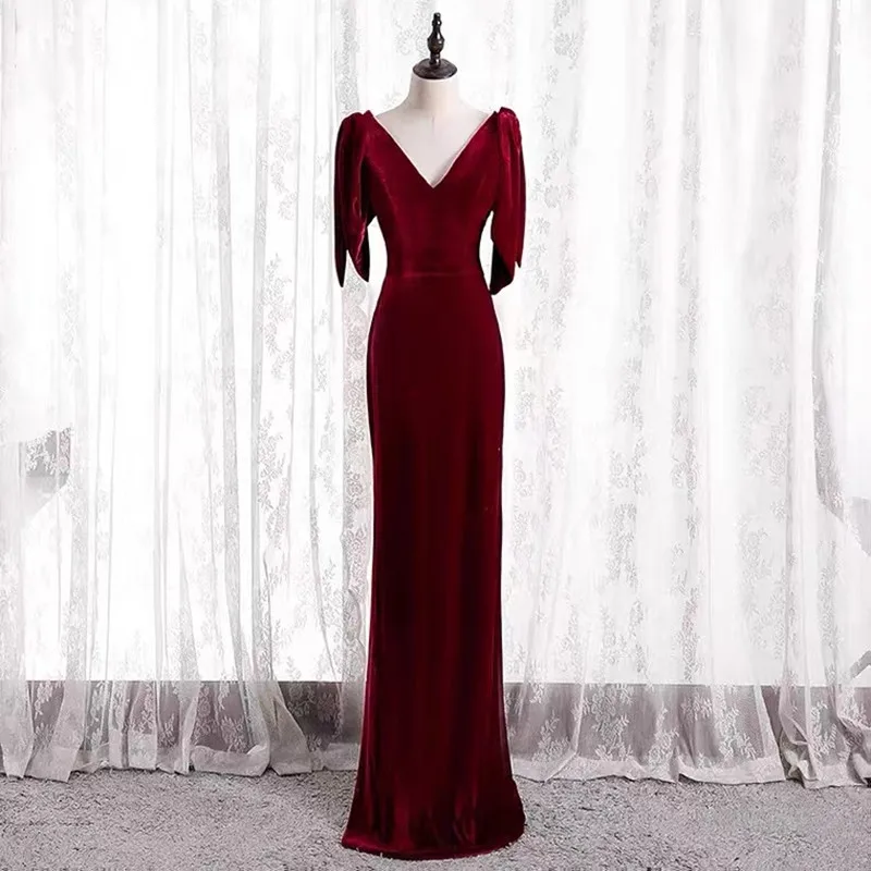 

Wine Red V Neck Simple Formal Evening Dresses Party 2023 Elegant Half Sleeve Sheath Long Prom Gowns Velvet Women Party Wear