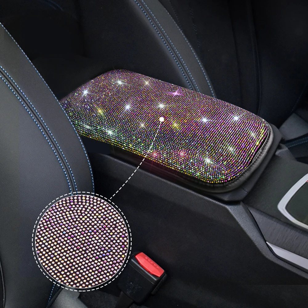 Crystal Car Armrest Mat Universal Leather Waterproof Dust-proof Storage Box Pad Non-slip Cover Bling Car Accessories for Girls