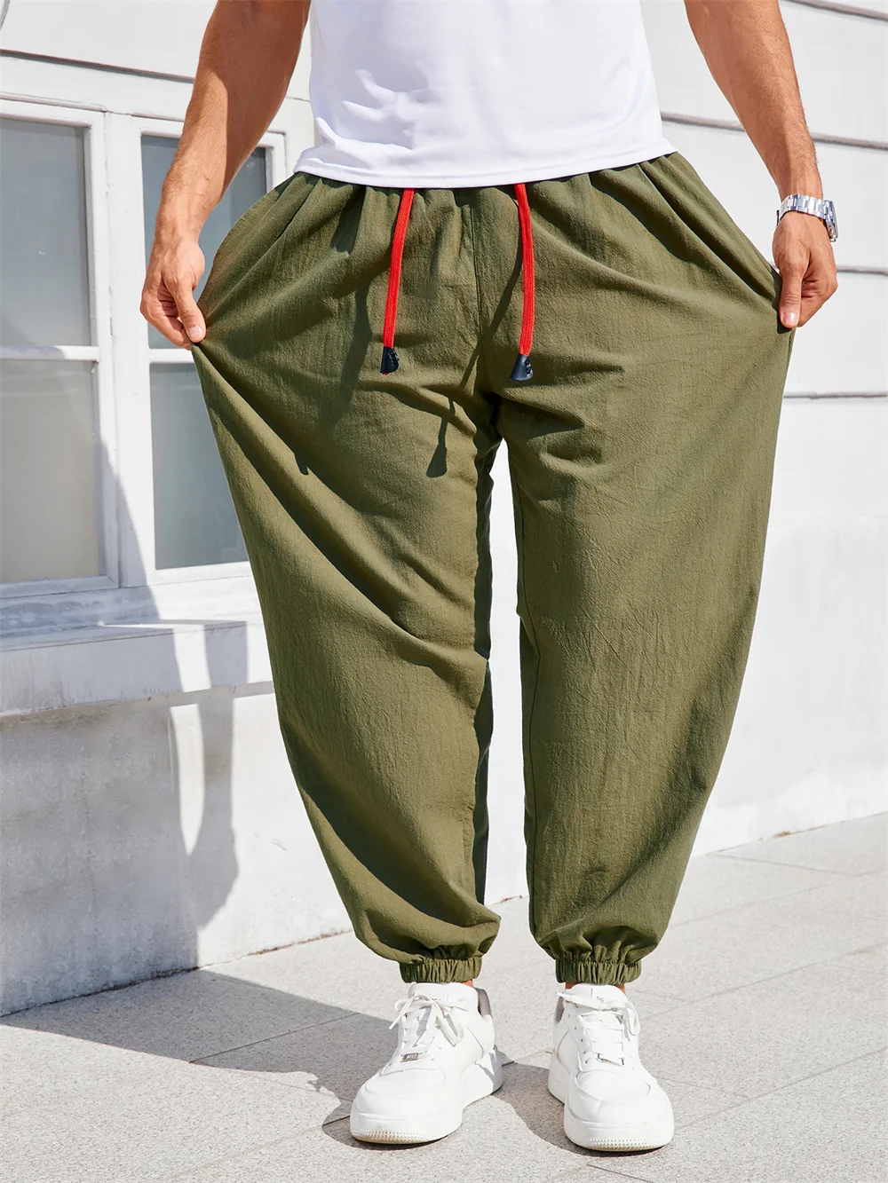 Herren Baumwoll-Leinen Haremshose Lässige Trendige Bequeme Atmungsaktive Hose Locker Sitzende Einfarbige Jogginghose Lange Herrenhose – Detail 10