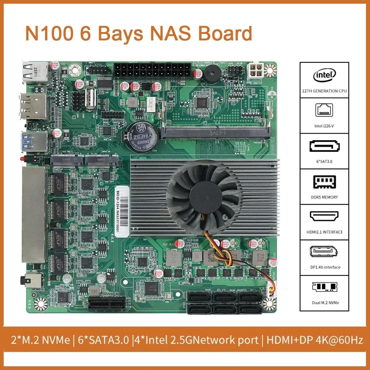 

N100/i3-N305 NAS Board DDR5 Motherboard 4x Intel i226-V 2.5G 2* M.2 NVMe 6* SATA3.0 HDMI2.0 DP Mini ITX board With PCIE 17X17CM