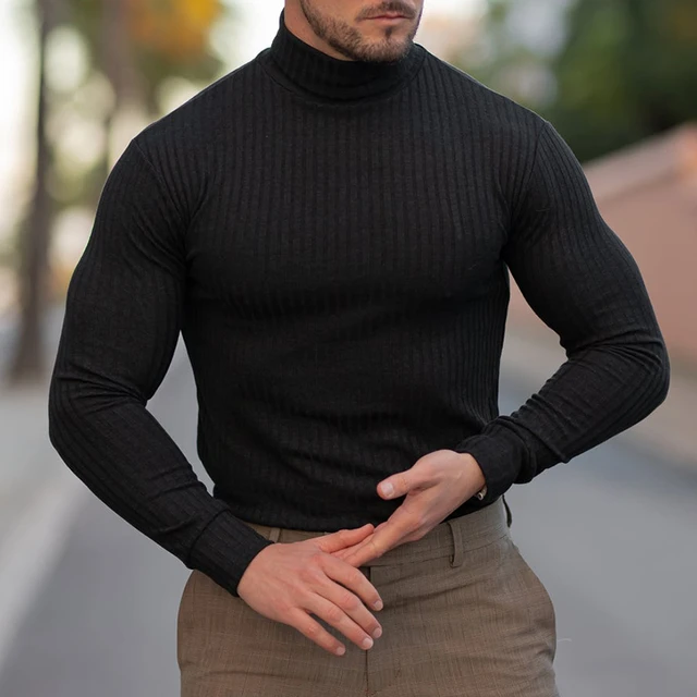Spring Autumn Classic Black Ribbed Knit Roll Neck Jumper Mens New Fashion  Slim Fit Thin Turtleneck Pullover Knitwear Sweaters - AliExpress