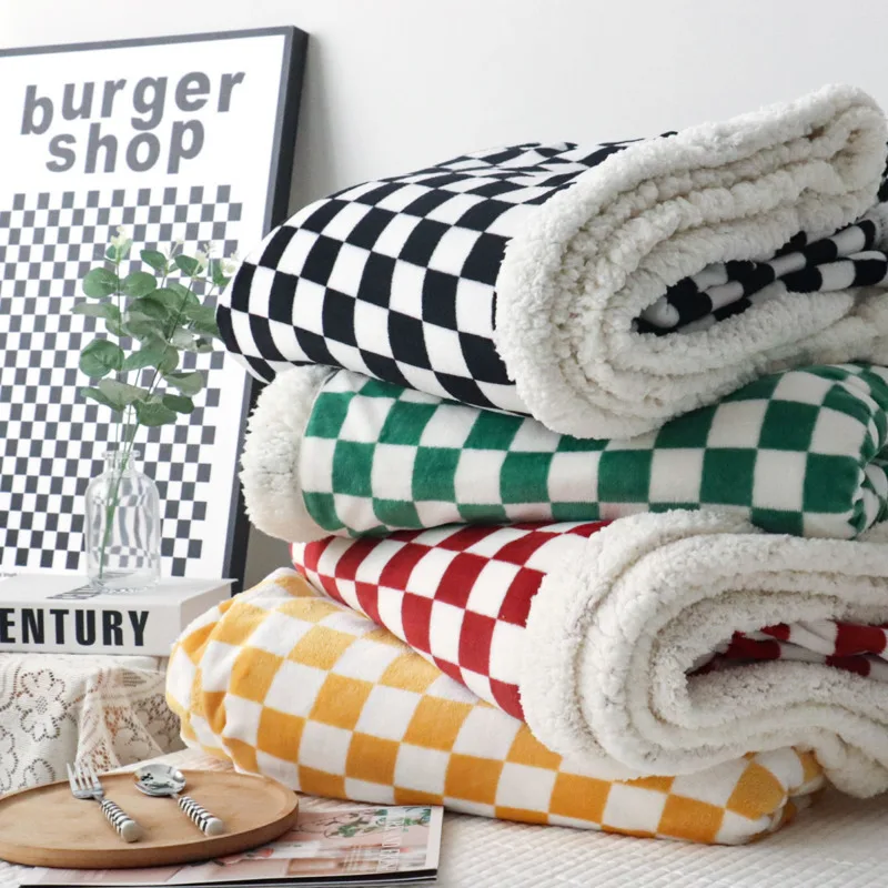 Ins Checkerboard Lambswool Blanket Double Thickened Sofa Leisure Blanket Home Room Dormitory Cover Blanket Nap Shawl