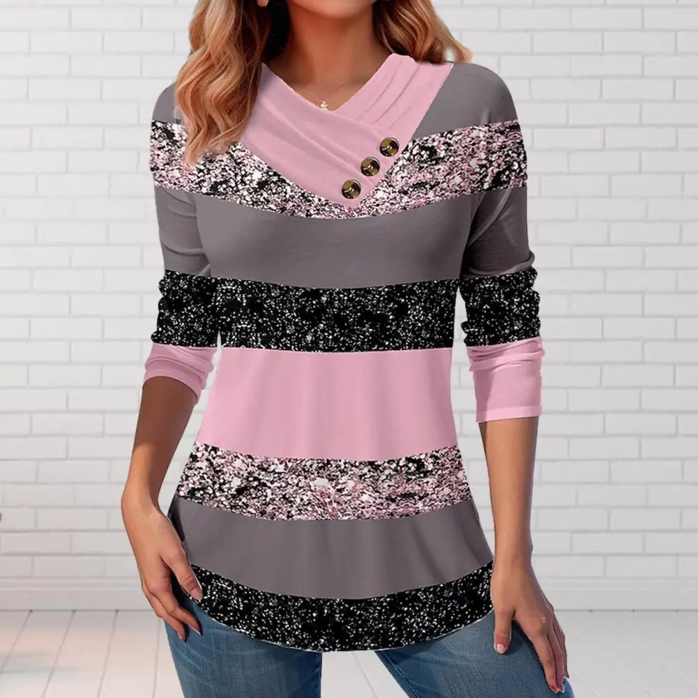 

Women Loose Fit Top Colorblock Button Decor 3d Print Long Sleeve Soft Plus Size Mid Length Pullover for Women V Neck Fall Spring