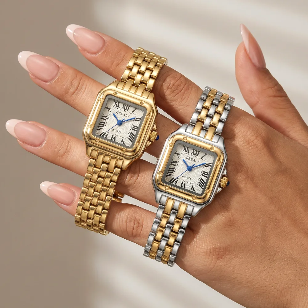 Classic Wrist Watches for Women Two-tone French Elegant Square Quartz Clock Roman Numerals Stainless Steel Ladies Dress Jewelry - 3