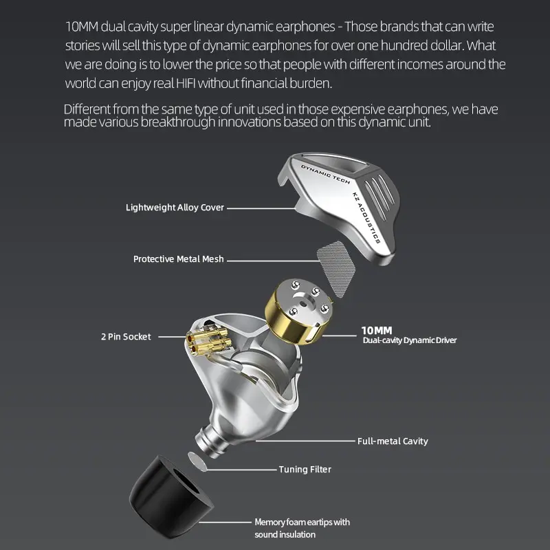 KZ ZVX In Ear Earphones Dynamic HIFI Bass Noise Cancelling