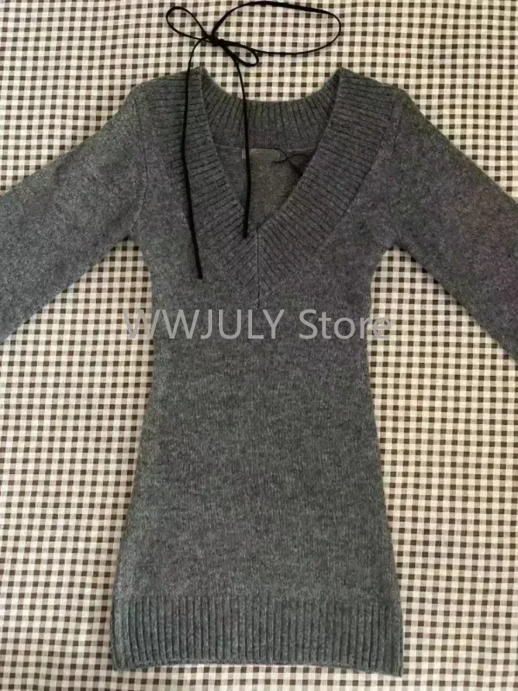 Autumn Winter Woman Gyaru Coquette V-neck French Vintage Sweater Long Sleeve Pullovers Knitwears 2000s Aesthetic Old Money Thick 5